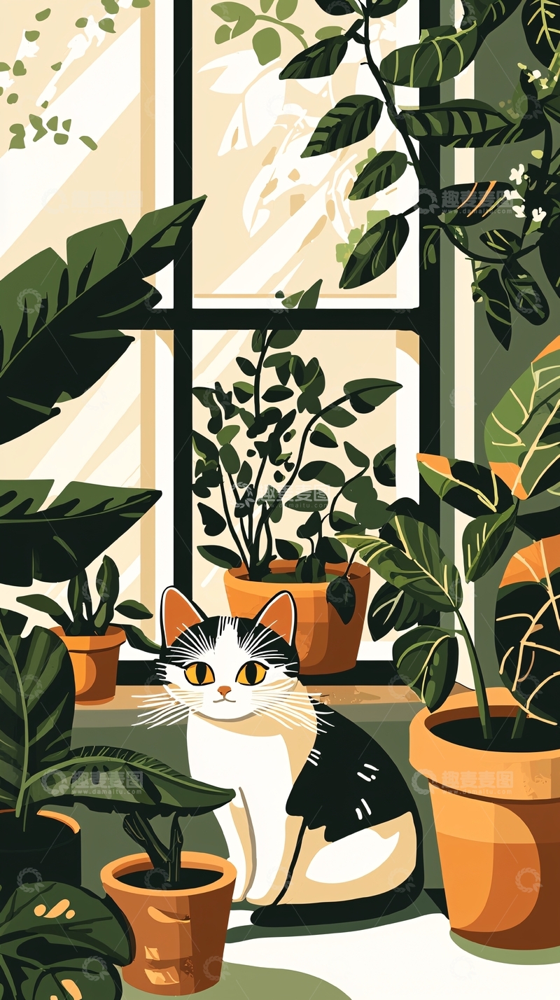 高清大图下载【趣麦麦图】窗边猫咪与绿植插画
