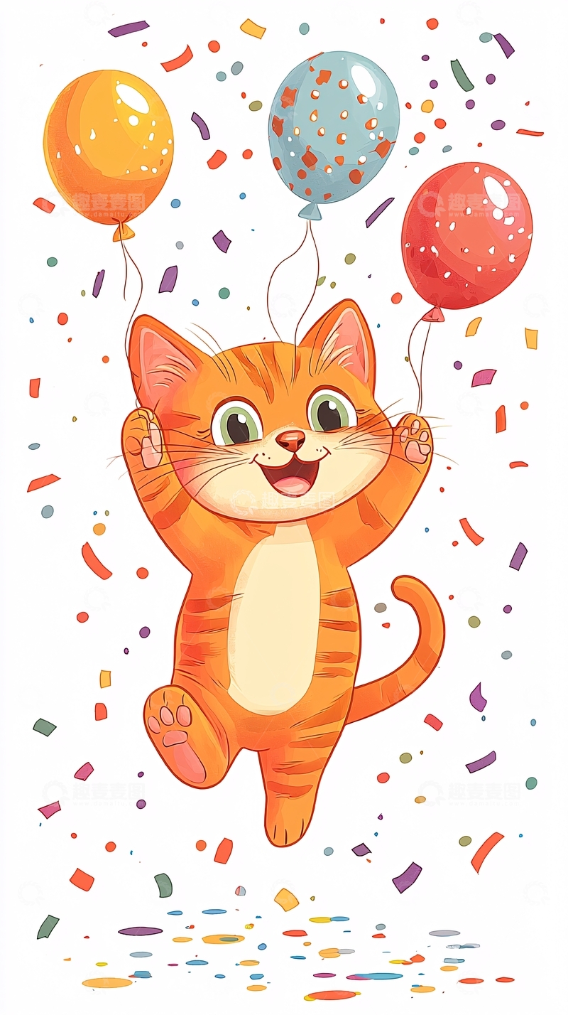 高清大图下载【趣麦麦图】小猫飞天彩色气球