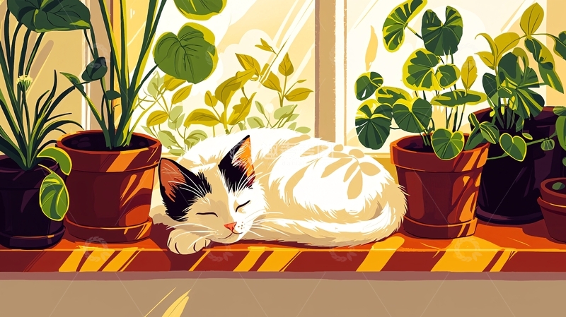 高清大图下载【趣麦麦图】阳光下窗台小猫