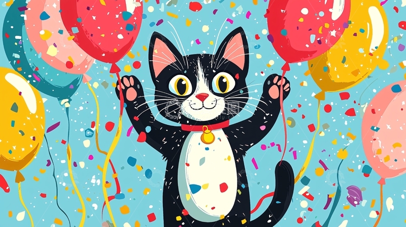 高清大图下载【趣麦麦图】可爱黑猫气球派对