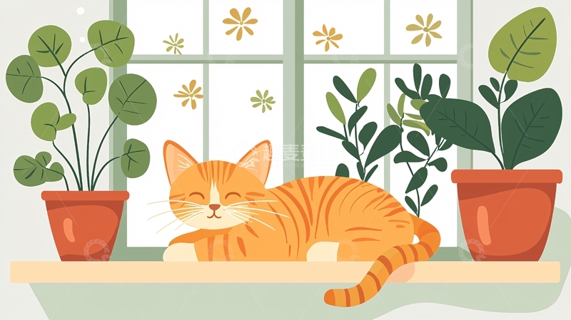 高清大图下载【趣麦麦图】窗台上的橘猫和绿植