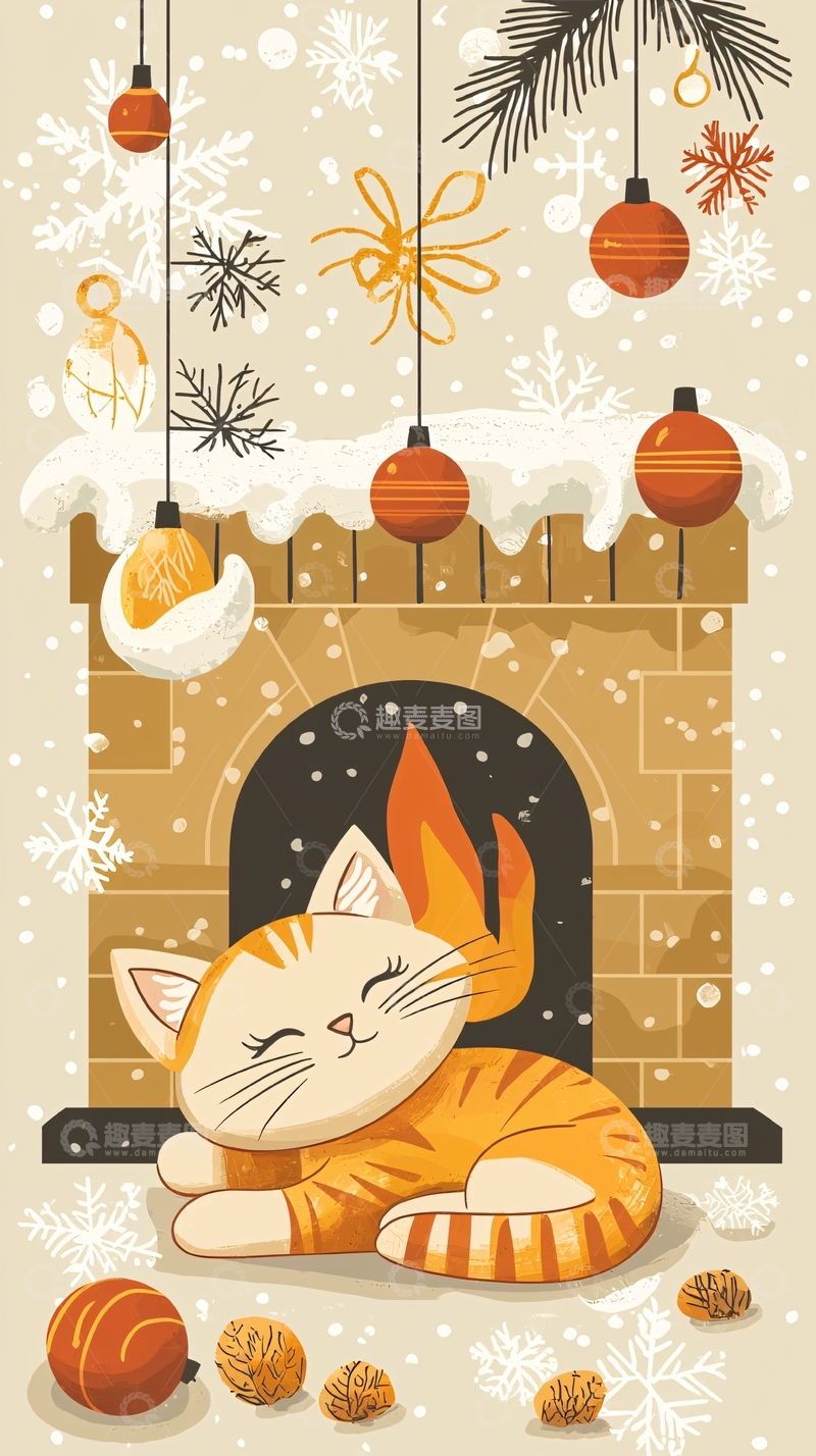 高清大图下载【趣麦麦图】圣诞节猫咪壁炉