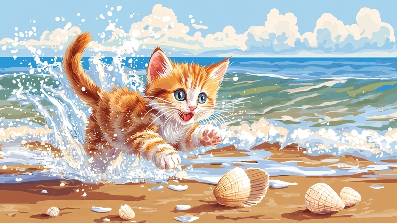 高清大图下载【趣麦麦图】沙滩上玩耍的小猫