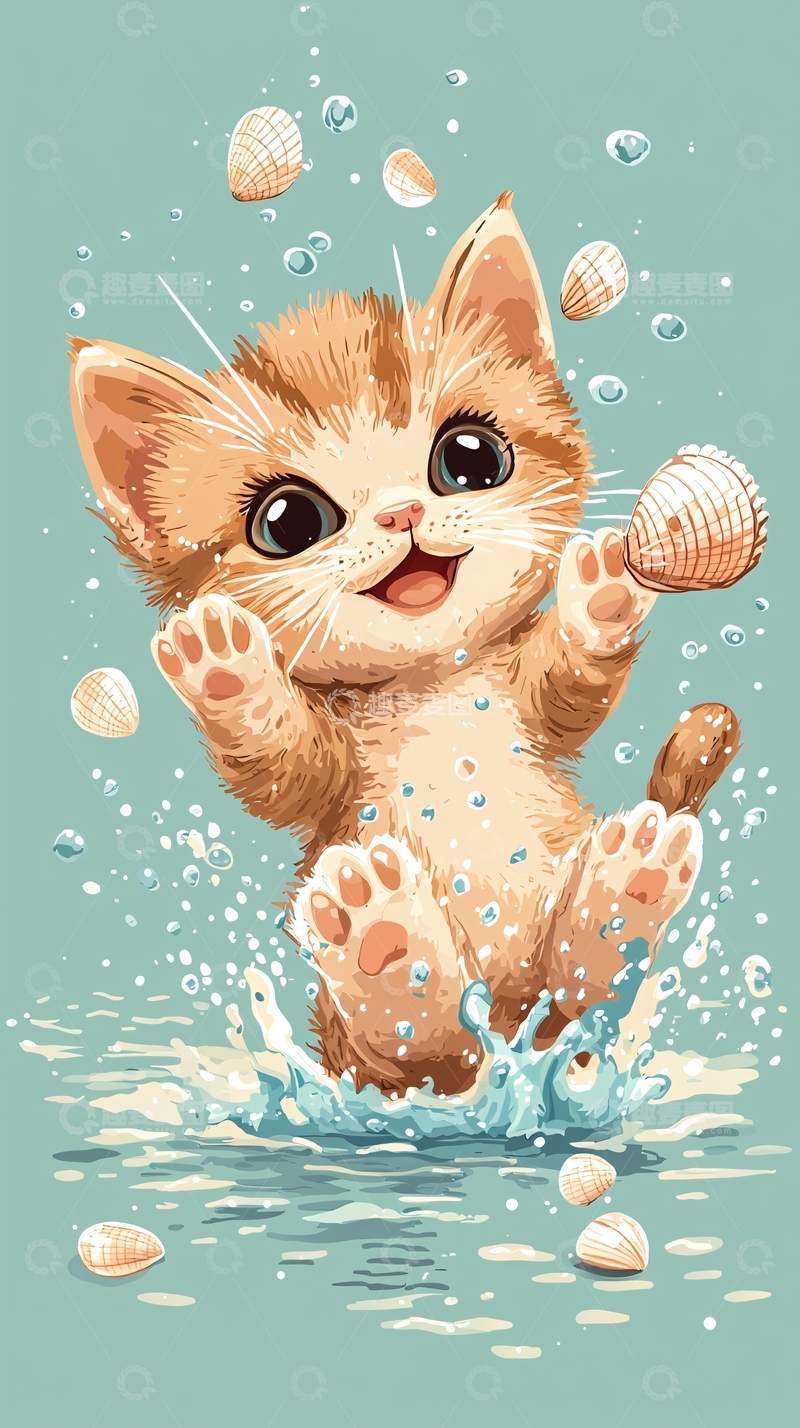 高清大图下载【趣麦麦图】可爱小猫玩贝壳