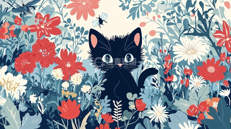 高清大图下载【趣麦麦图】小黑猫藏在花丛中