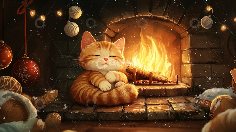 高清大图下载【趣麦麦图】暖炉旁的猫咪圣诞节