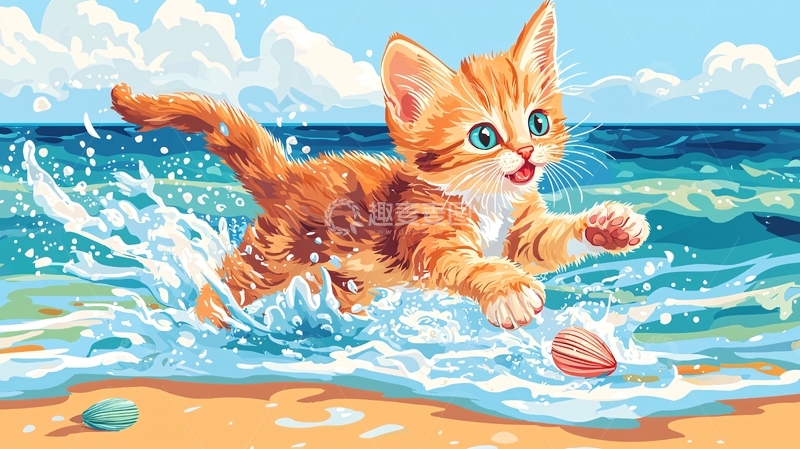 高清大图下载【趣麦麦图】小猫在海边玩耍