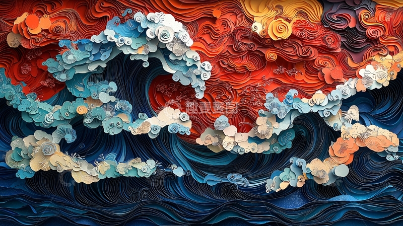 高清大图下载【趣麦麦图】创意海浪红色天空纹理背景