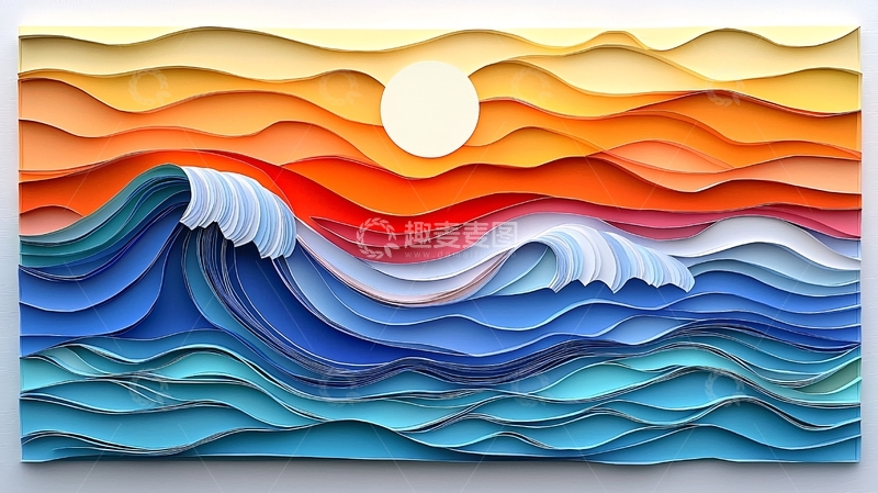 高清大图下载【趣麦麦图】纸艺海浪日落场景