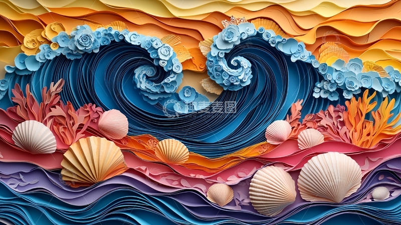 高清大图下载【趣麦麦图】纸艺海洋波浪珊瑚