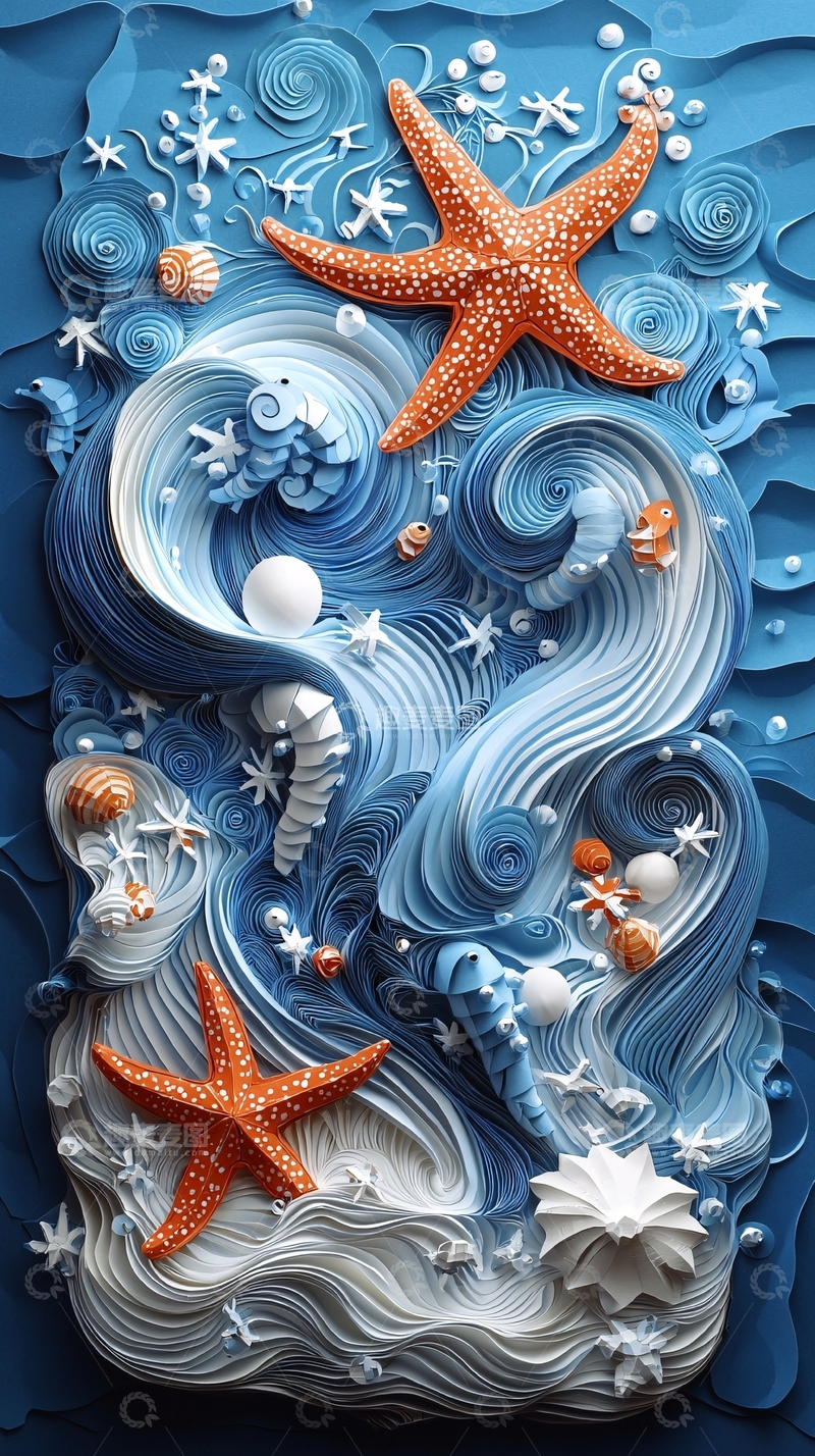 高清大图下载【趣麦麦图】蓝色海浪与海星纸艺