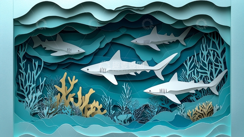 高清大图下载【趣麦麦图】立体剪纸海洋鲨鱼