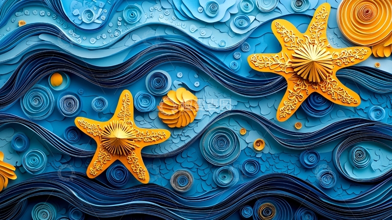 高清大图下载【趣麦麦图】蓝色系海洋卷纸艺术