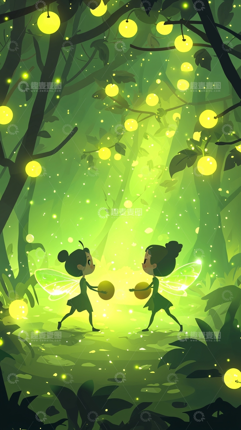 高清大图下载【趣麦麦图】萤火虫森林精灵女孩