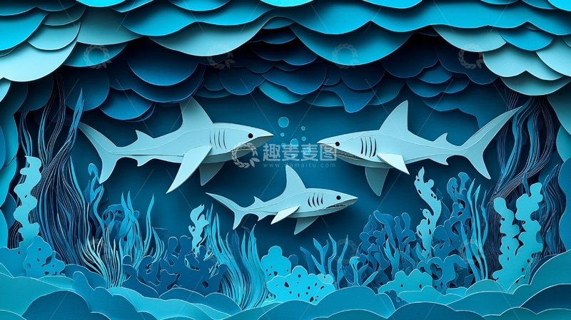 高清大图下载【趣麦麦图】蓝色纸艺鲨鱼海底世界
