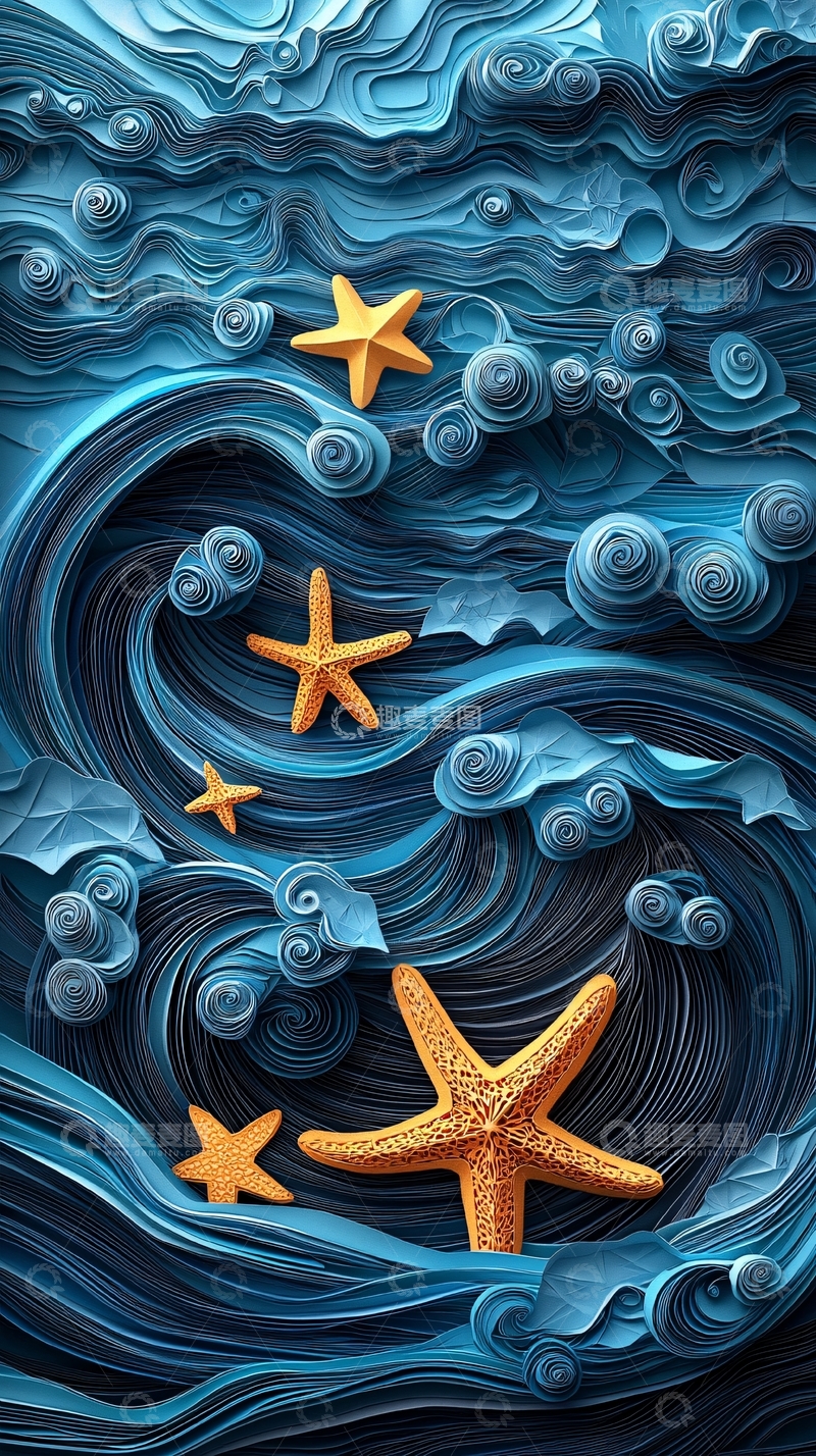 高清大图下载【趣麦麦图】海浪与海星的艺术风格