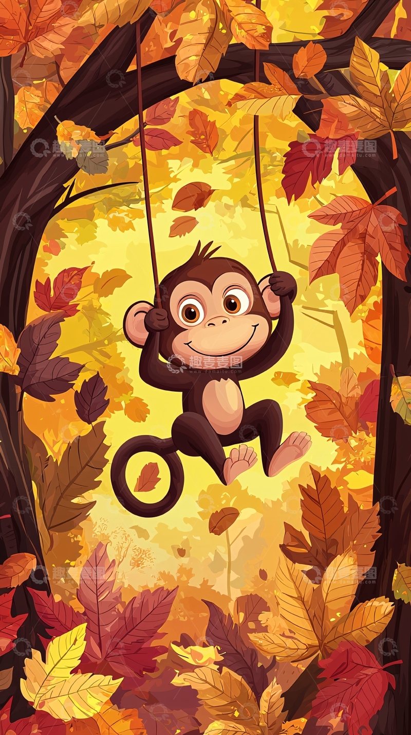 高清大图下载【趣麦麦图】秋日森林里的小猴子荡秋千