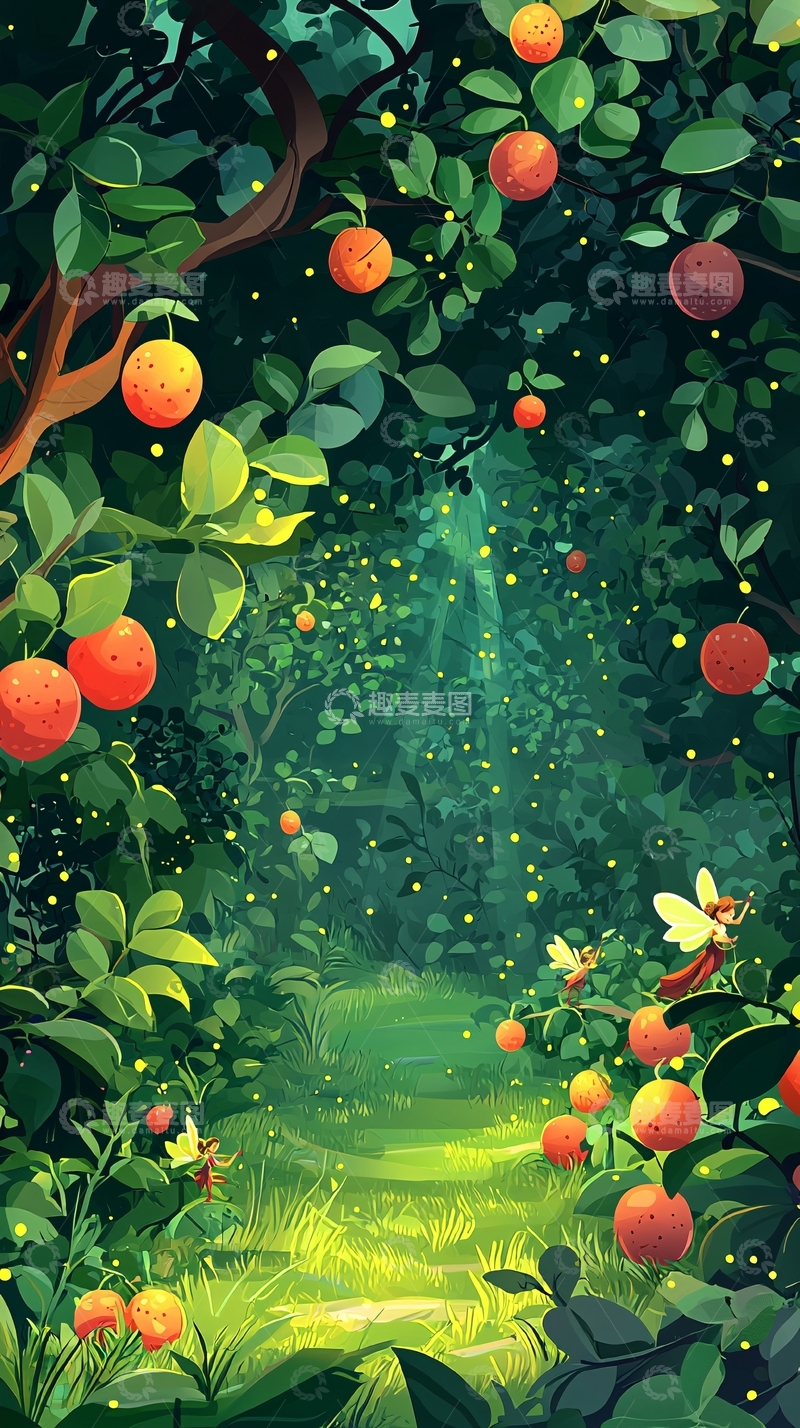 高清大图下载【趣麦麦图】萤火虫森林橙子树