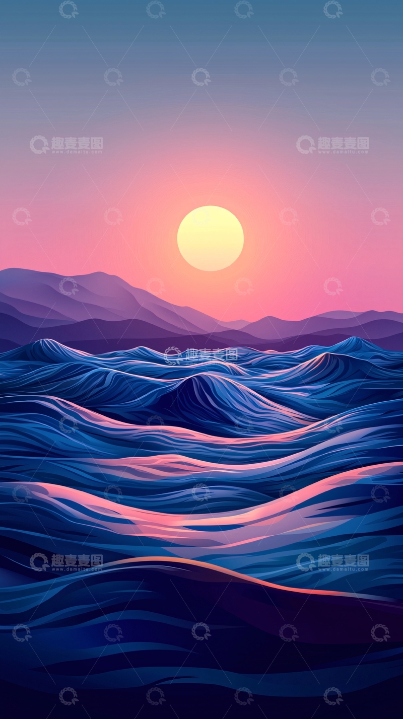 高清大图下载【趣麦麦图】粉色日落下的海浪山脉