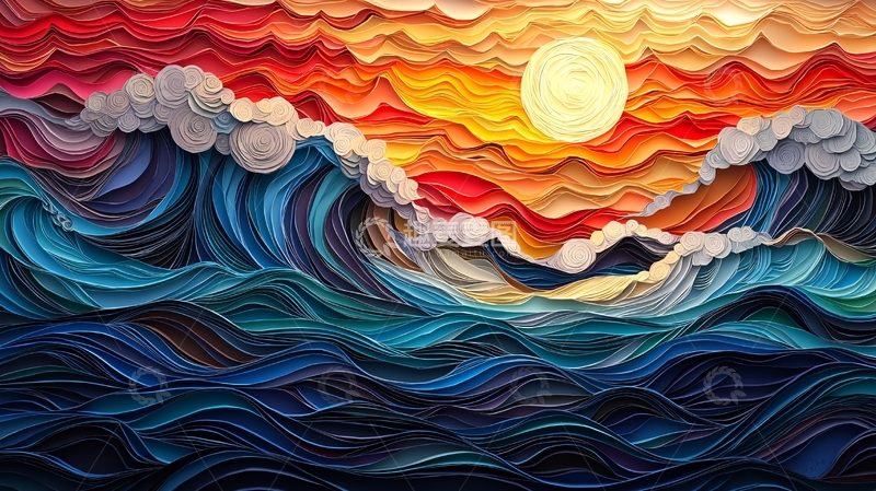 高清大图下载【趣麦麦图】绚丽海面日出纸艺风