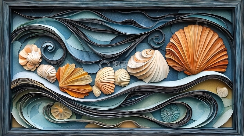 高清大图下载【趣麦麦图】纸艺贝壳海浪装饰画