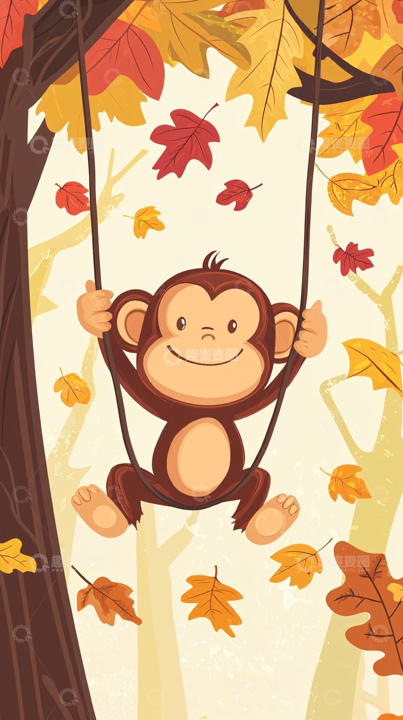 高清大图下载【趣麦麦图】秋日秋叶荡秋千的小猴子