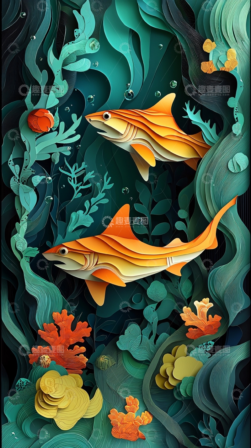 高清大图下载【趣麦麦图】立体剪纸鲨鱼