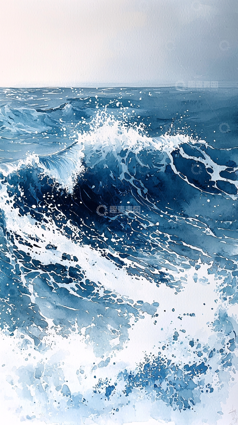 高清大图下载【趣麦麦图】海浪水彩画