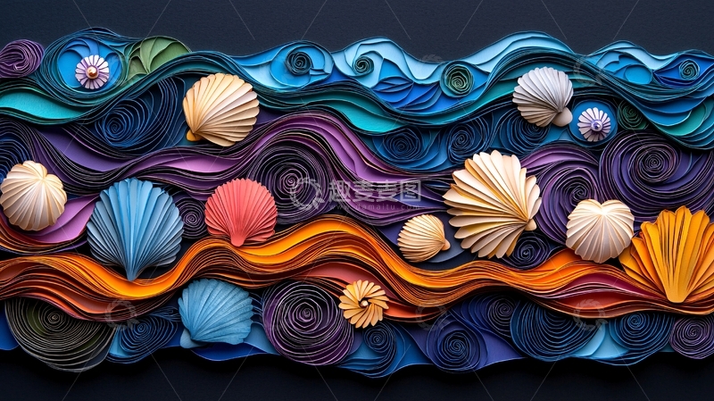 高清大图下载【趣麦麦图】彩色纸艺海浪贝壳