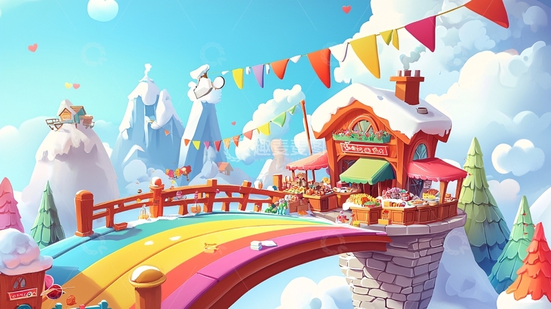 高清大图下载【趣麦麦图】彩虹桥上的雪山小镇