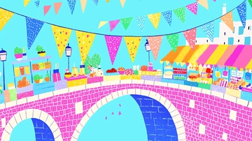 彩色桥梁集市插画