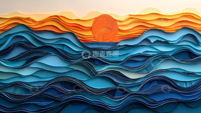 高清大图下载【趣麦麦图】纸艺海面日落风景画