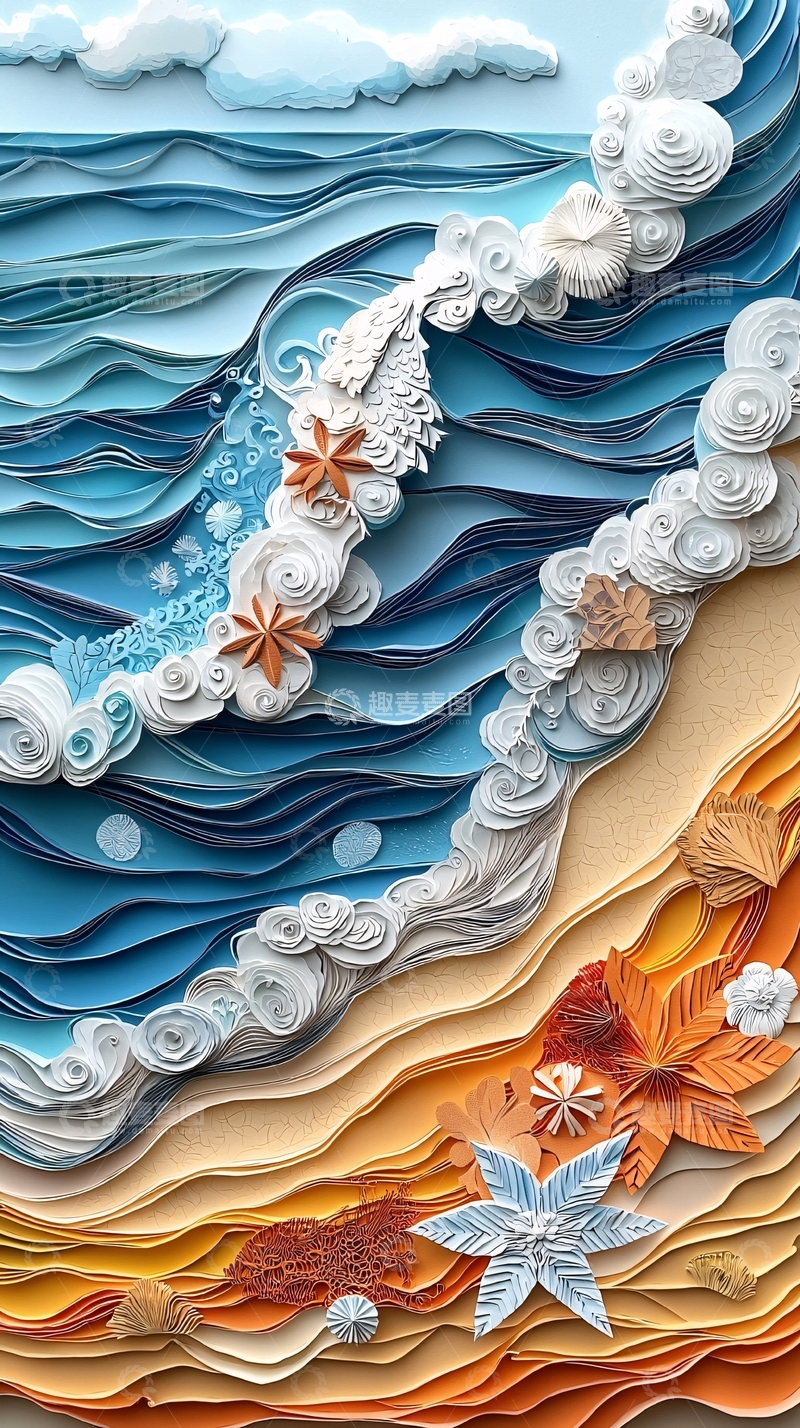 高清大图下载【趣麦麦图】纸艺海浪沙滩