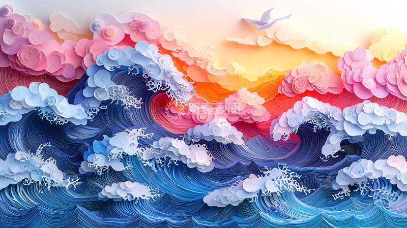 高清大图下载【趣麦麦图】彩色剪纸风海浪