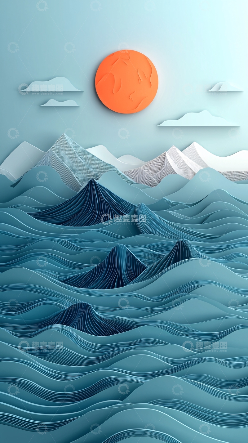 高清大图下载【趣麦麦图】唯美纸艺海浪日出山峦风景
