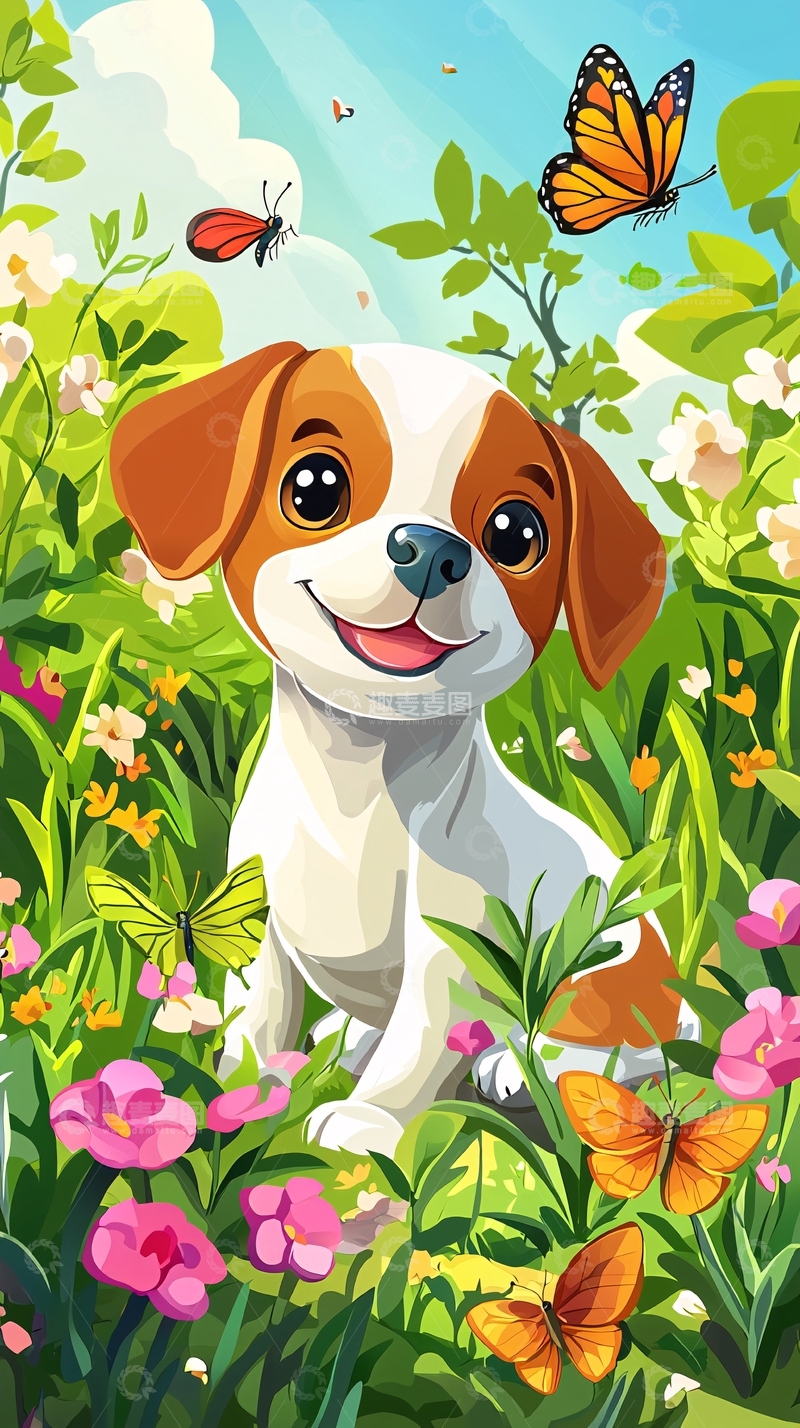 高清大图下载【趣麦麦图】可爱小狗鲜花蝴蝶