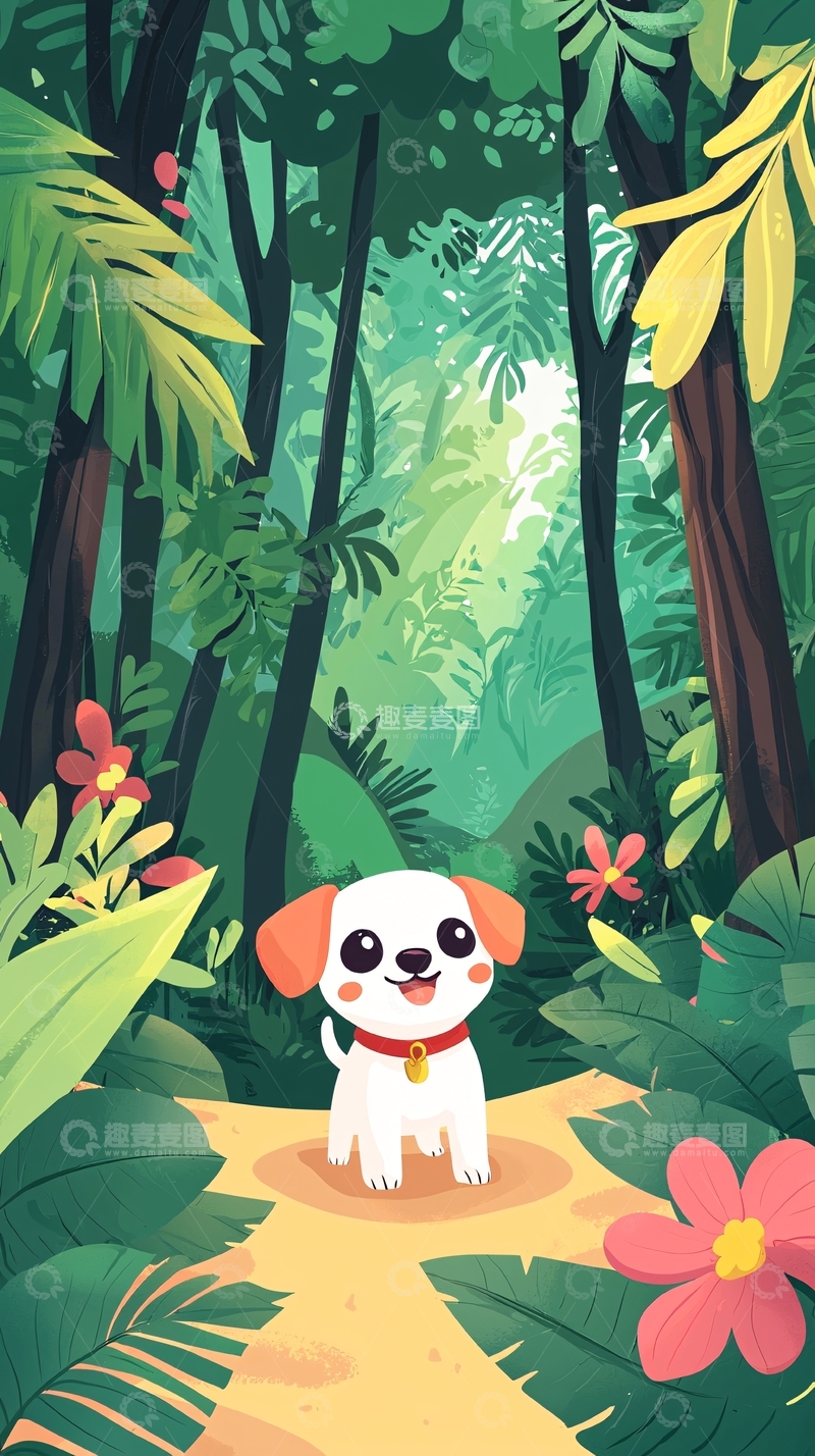 高清大图下载【趣麦麦图】卡通小狗雨林