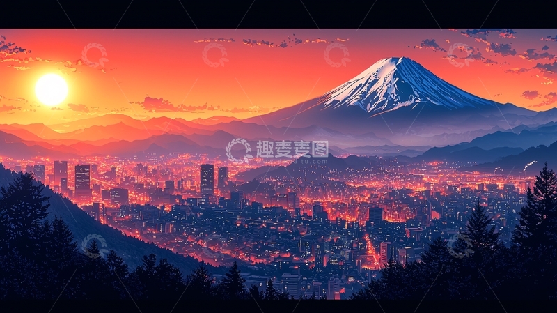 高清大图下载【趣麦麦图】富士山日落下的城市夜景