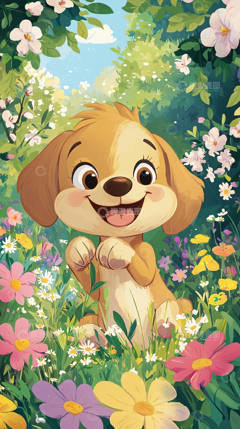 高清大图下载【趣麦麦图】可爱小狗花丛中
