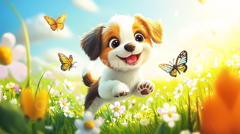高清大图下载【趣麦麦图】可爱小狗跳跃花田