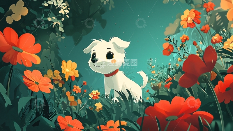 高清大图下载【趣麦麦图】小狗在花丛中