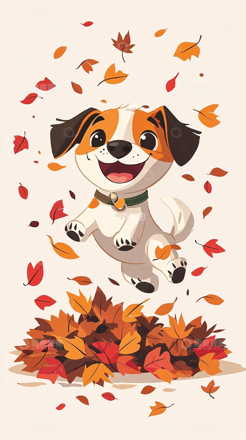 高清大图下载【趣麦麦图】秋日小狗跳跃落叶堆