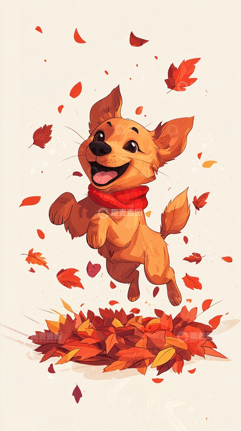 高清大图下载【趣麦麦图】可爱小狗秋叶跳跃