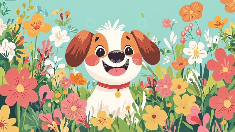 高清大图下载【趣麦麦图】卡通小狗鲜花背景