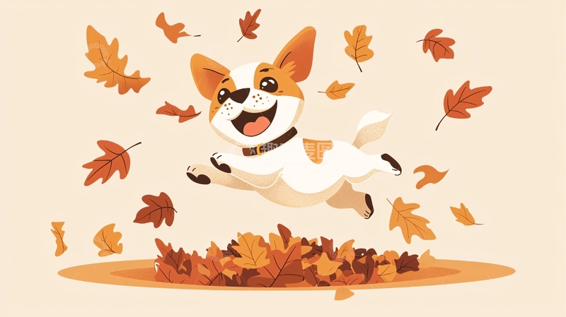 高清大图下载【趣麦麦图】可爱小狗秋天落叶堆里跳跃