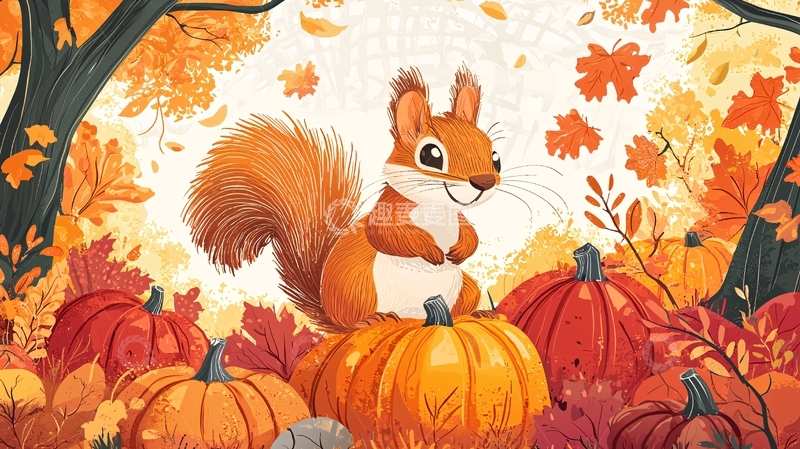 高清大图下载【趣麦麦图】秋天小松鼠南瓜