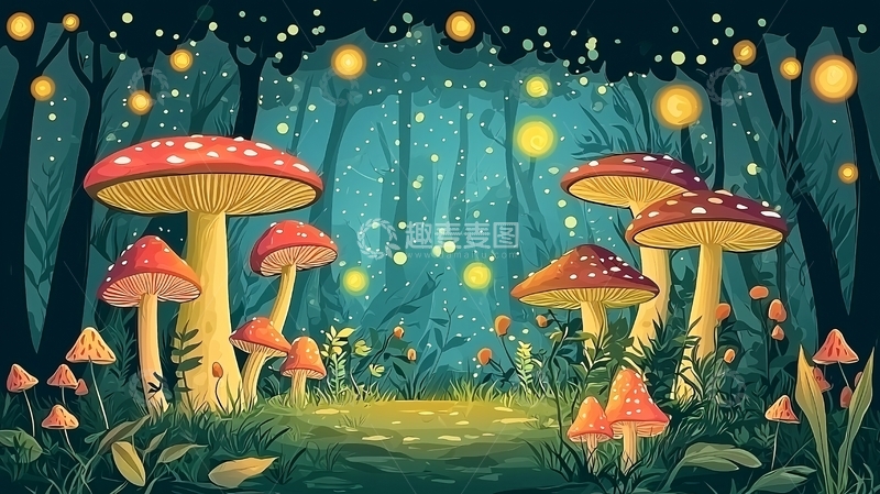 高清大图下载【趣麦麦图】梦幻萤火森林蘑菇