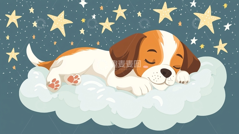 高清大图下载【趣麦麦图】小狗睡在云朵上