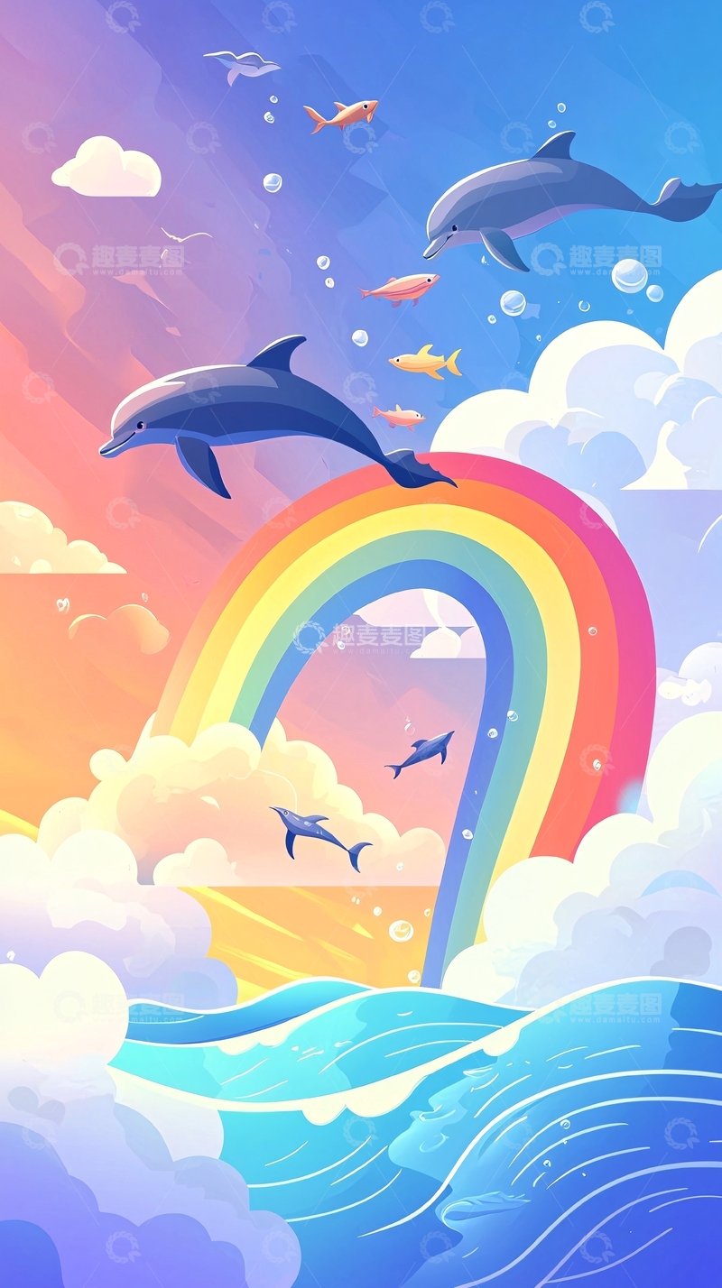 高清大图下载【趣麦麦图】彩虹海豚卡通
