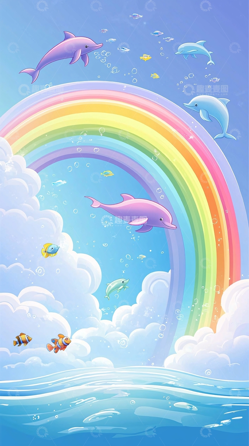 高清大图下载【趣麦麦图】彩虹海豚卡通